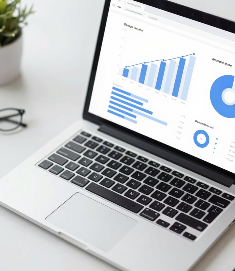 A clean, top-down view of a workspace with a laptop displaying growth charts and analytics. The aesthetic is modern and professional, utilizing #BCCED9 and #F9FBFC.