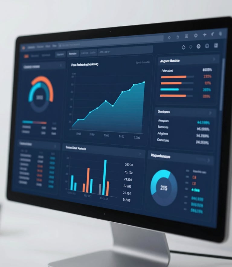 A high-tech digital dashboard displaying performance marketing analytics, conversion graphs, and ROI metrics. The interface uses a palette of #4A7C9F and #243441. The lighting is clean and professional, symbolizing results-driven data.