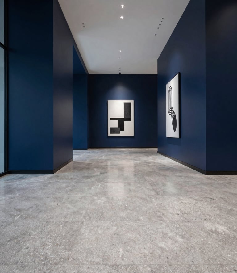 A wide-angle photograph of a minimalist, high-end corporate office lobby. The floor is polished pearl grey stone. Walls are a deep navy blue with subtle lighting. The atmosphere is sophisticated and quiet, with sharp geometric lines and a single piece of modern art.