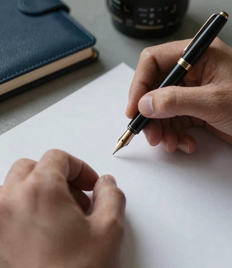 Close-up of a professional's hands using a fountain pen on high-quality paper. Desk features include a muted grey notepad and a deep navy leather accessory.