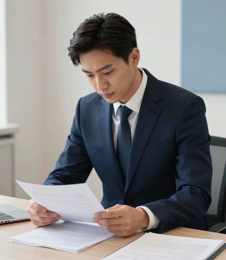 A focused professional in a deep navy suit reviewing business documents in a bright, minimalist office with soft off-white walls and slate blue accents. Soft natural lighting.