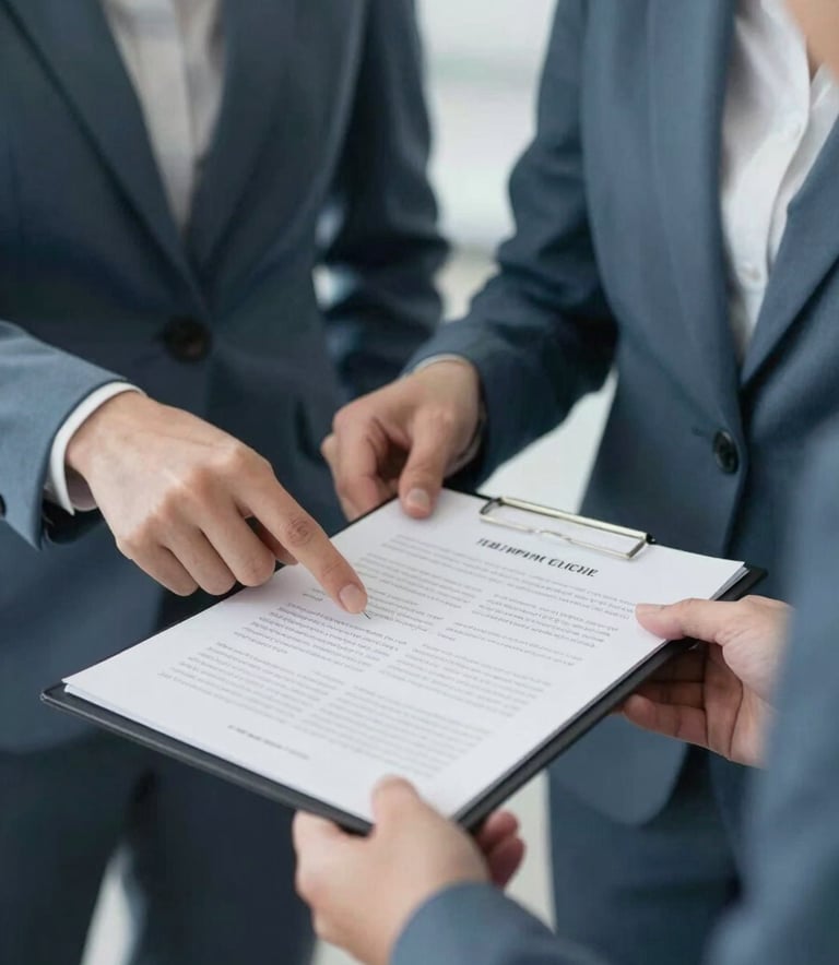 A close-up photograph of a professional meeting. Two individuals in sharp, muted slate blue business attire are reviewing a clean, minimalist strategy document. The lighting is soft and natural, emphasizing trust.
