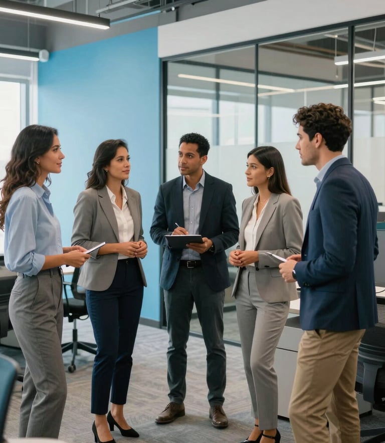 A diverse team of Hispanic business professionals working together in a bright, modern open-plan office with Sky Blue accents, featuring glass partitions and contemporary furniture, professional and trustworthy atmosphere.