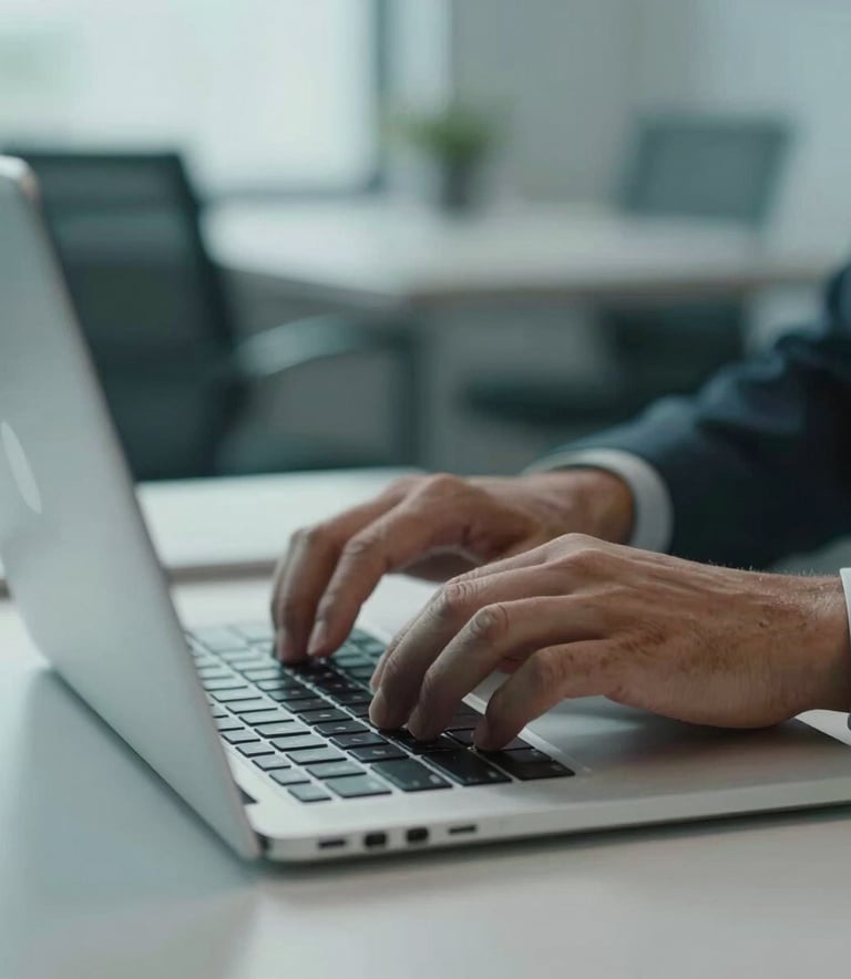 Close-up of professional hands typing on a high-tech sleek laptop in a modern office setting, cool teal and pale blue lighting, focused on digital efficiency, Hispanic / Latin American context.