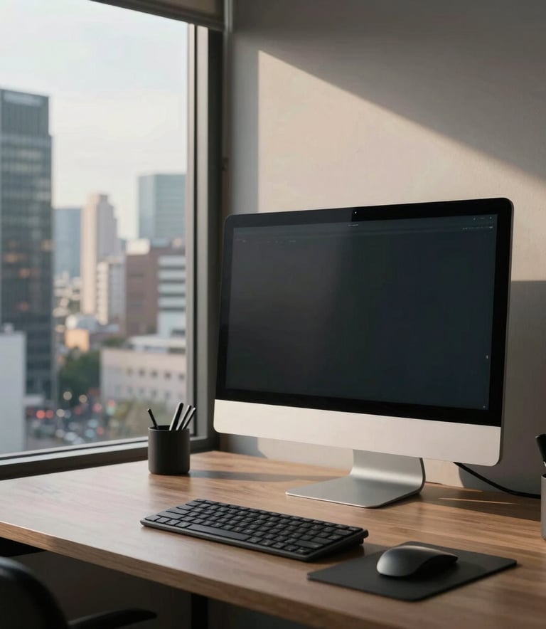 Modern minimalist workspace featuring a high-end computer monitor and organized desk accessories, with a view of a bustling Latin American financial district through a large window, morning light.