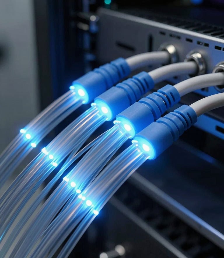 A close-up photograph of high-tech fiber optic cables glowing with Steel Blue and Pale Cloud Blue light in a modern data center in a Global city. The composition is sharp and emphasizes speed and connectivity. The lighting is clean and industrial, reflecting a sense of reliability and cutting-edge technology.
