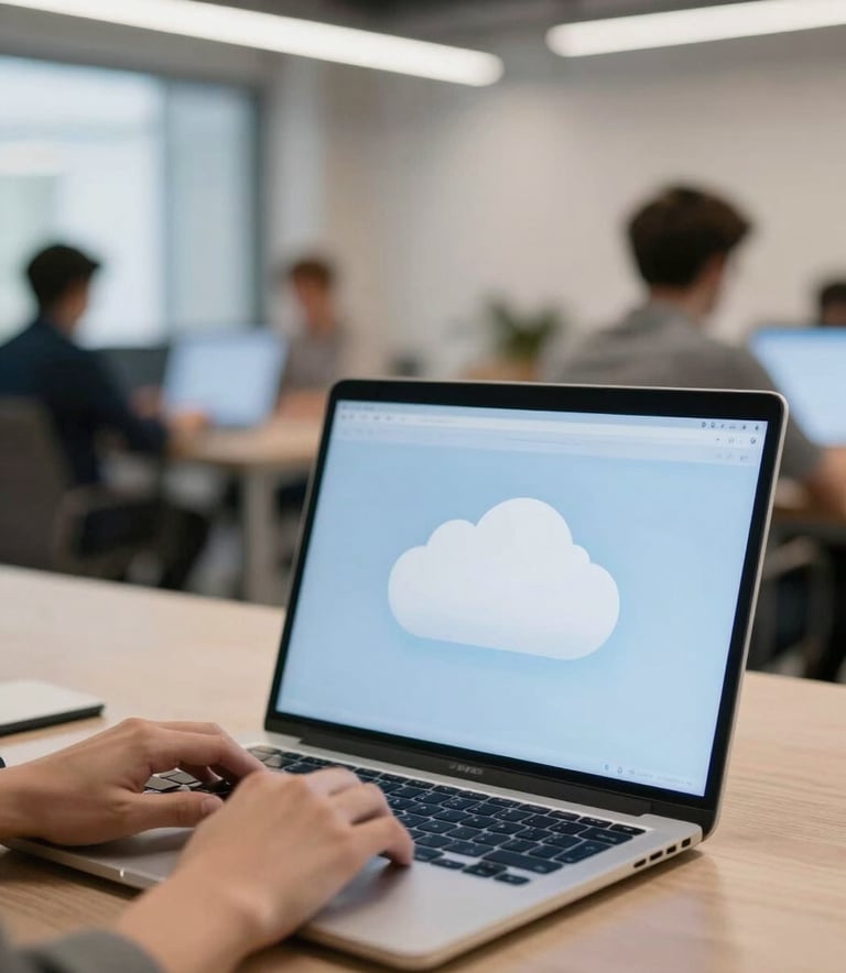 A professional in a Global co-working space using a laptop with Pale Cloud Blue screen light, reflecting a focused and efficient atmosphere, clean modern aesthetic.