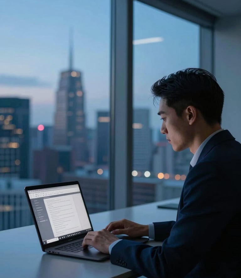 A professional in a modern Global office, silhouetted against a large window showing a city skyline at dusk. They are using a high-end laptop with a clean interface. The room is accented with Ocean Blue and Deep Navy tones. The mood is efficient, focused, and trustworthy.
