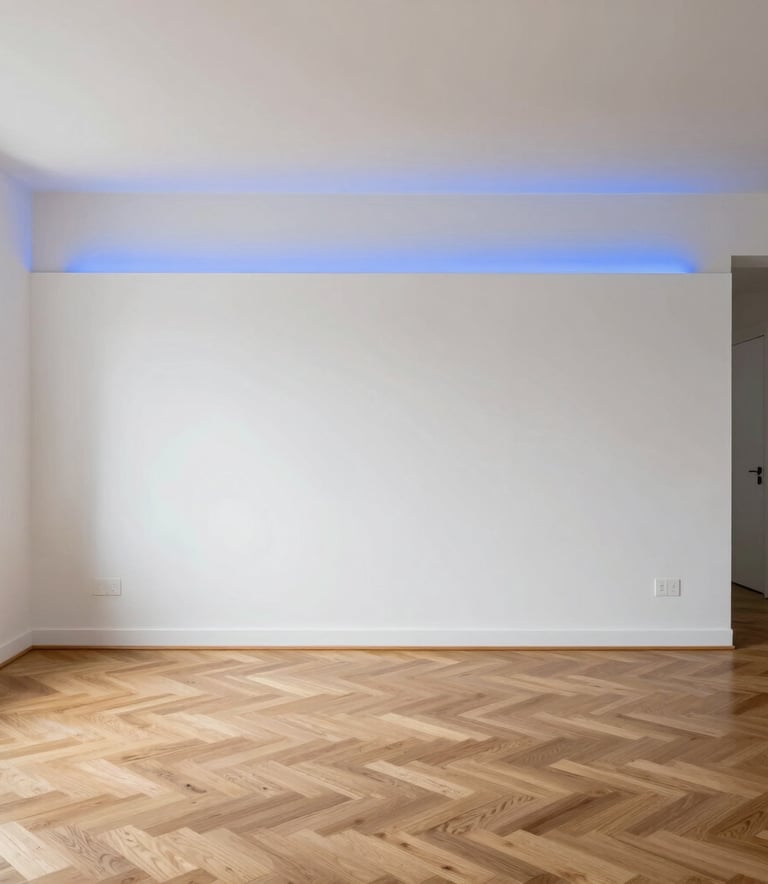 A perfectly finished minimalist living room with white walls, oak parquet flooring, and integrated blue accent lighting, showcasing high-end craftsmanship in a Northern European home.