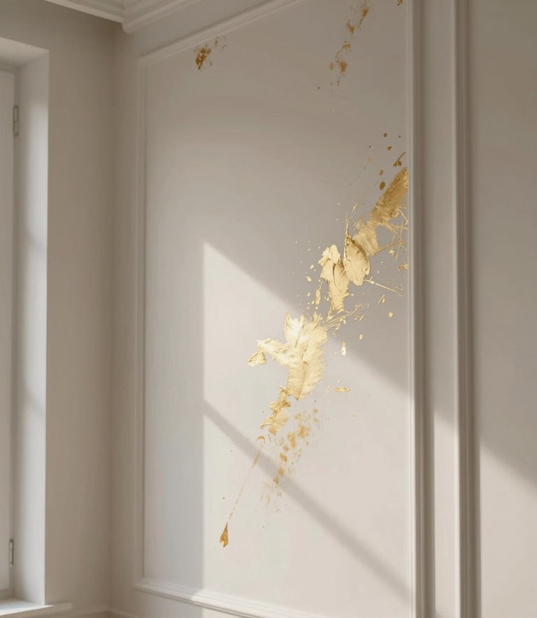 Detailed photography of a premium residential interior in Northern Europe. The scene shows a close-up of high-quality finishing work on a wall with subtle gold leaf accents, illuminated by soft natural light from a nearby window, emphasizing clean lines and luxurious textures.
