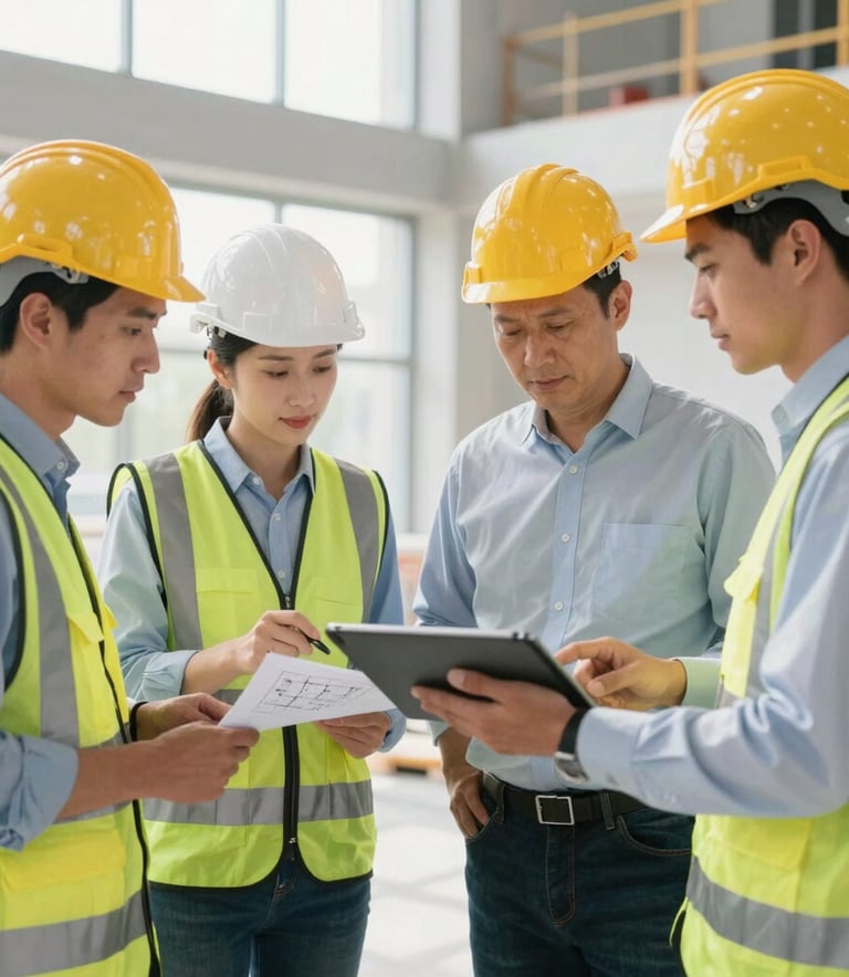 A group of professional construction managers in clean uniforms and safety gear standing in a bright, modern interior space in Northern Europe, reviewing architectural plans on a tablet, looking confident and professional.