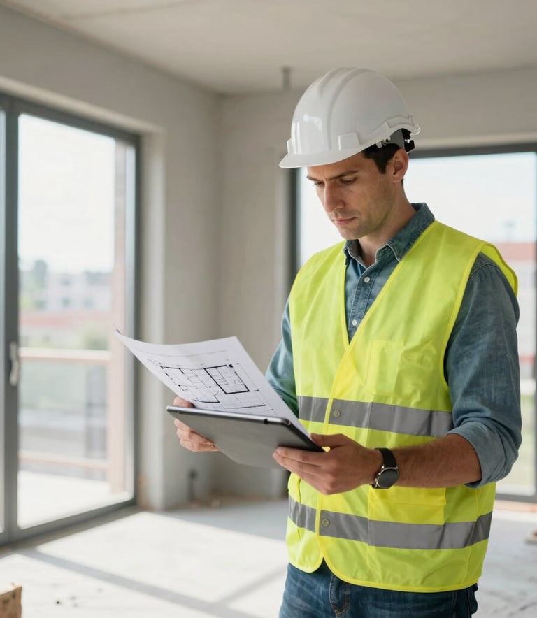 A professional construction manager in a high-visibility vest reviewing architectural floor plans on a tablet inside a modern luxury apartment under construction, bright natural light, Northern European setting.