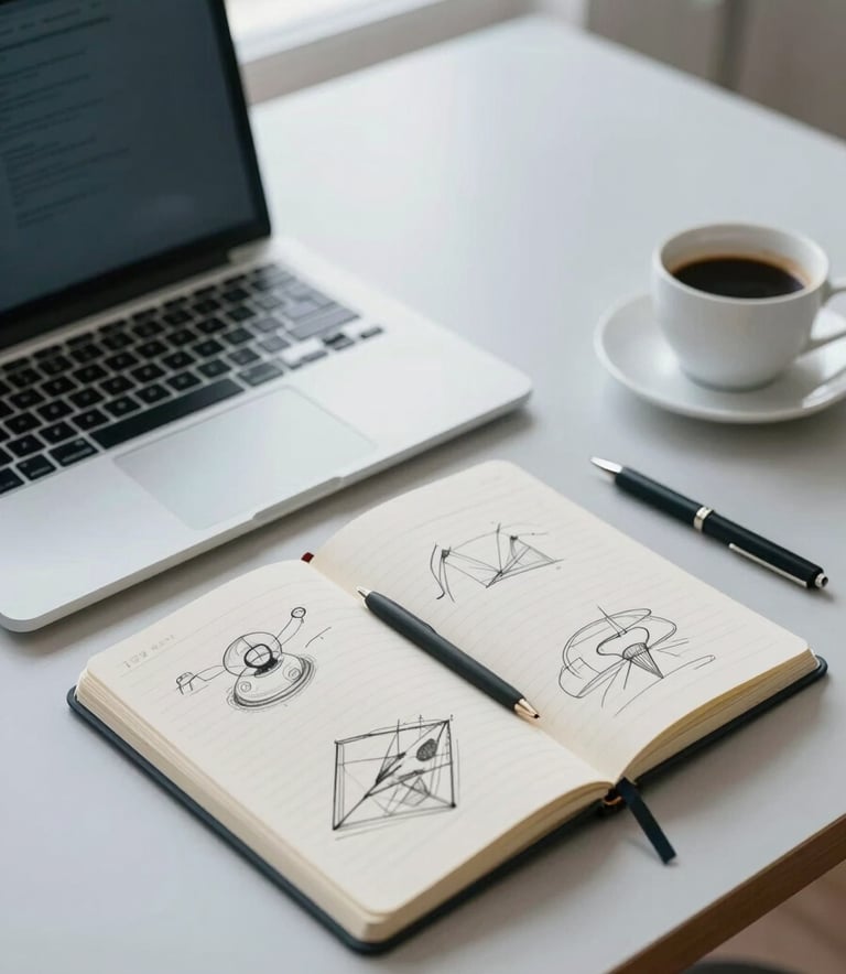 A high-angle, professional photograph of a minimalist workspace. A sleek laptop, a structured notebook with strategic sketches, and a cup of coffee sit on a desk. The lighting is bright and natural. The color palette incorporates shades of #476A6B and #A9C2C0 through the desk accessories, embodying a modern creator's environment.