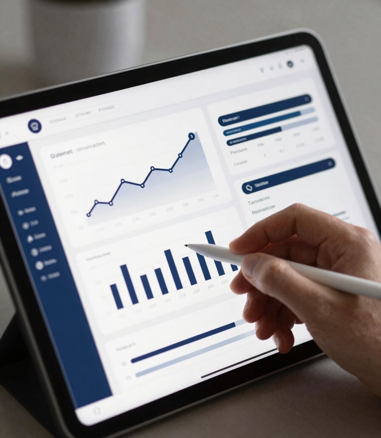 A close-up of a digital tablet displaying a clean, professional dashboard with growth charts and monetization strategies. The interface uses #1A2E2F and #476A6B. A hand is seen holding a stylus, poised with intention. The background is blurred, maintaining focus on the strategic progress shown on screen.