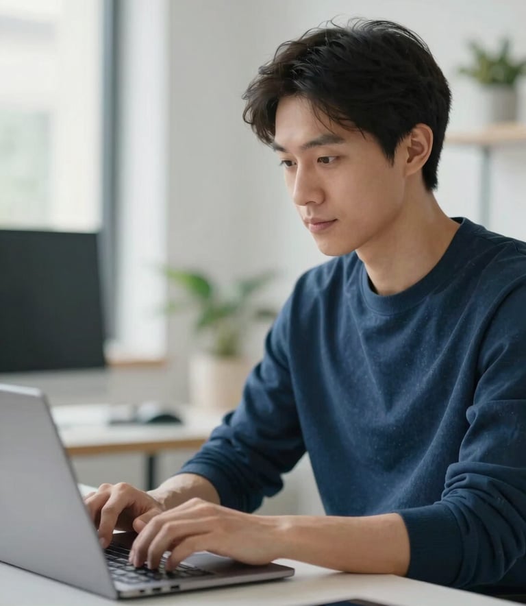 A professional portrait of a digital creator focused on their work in a bright, structured studio, soft natural lighting, incorporating sophisticated brand colors #1A2E2F and #A9C2C0.