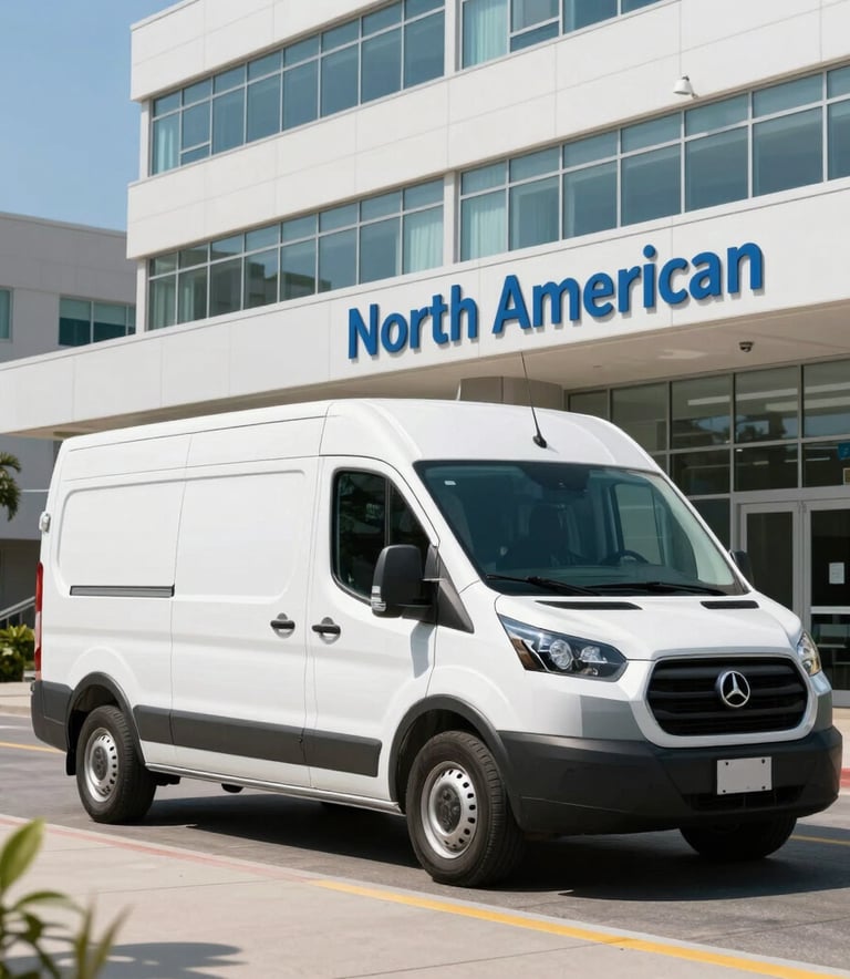 A modern white medical logistics delivery van parked in front of a sleek North American hospital entrance during bright daylight.