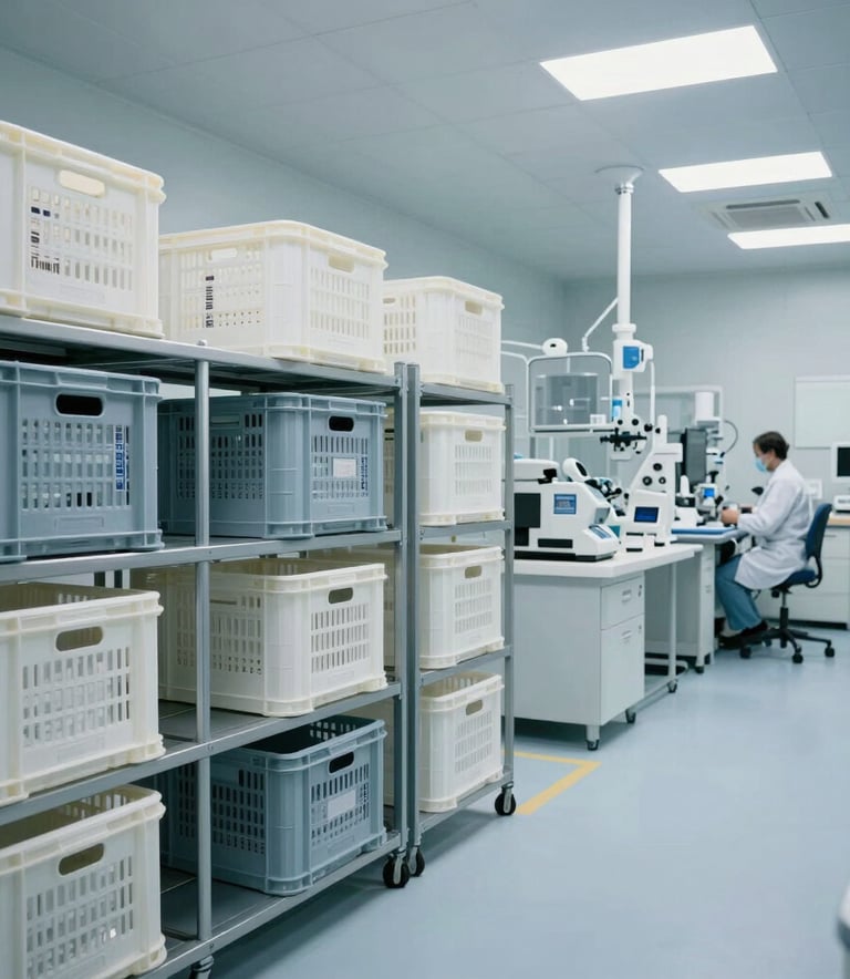 A high-tech medical distribution center interior in North America, featuring organized logistics crates, sterile white and light grey surfaces, and professional lighting.