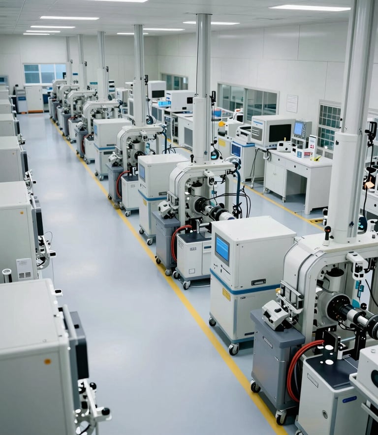 An overhead perspective of a high-tech medical logistics facility in the US, showing orderly paths and sophisticated automation systems under bright white clinical lighting.