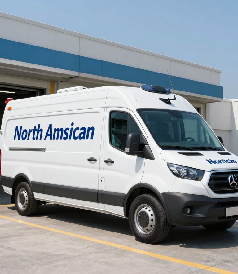 A sleek white medical transport vehicle branded with deep blue lettering, parked at a modern North American hospital loading dock during a clear day. The lighting is sharp and clinical, emphasizing the cleanliness and professionalism of the logistics operation.