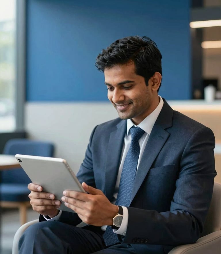 A focused South Asian man in professional attire looking at a tablet with a confident smile, sitting in a modern high-tech lounge in Bangalore. The style is clean, corporate photography with natural daylight and deep blue accents.