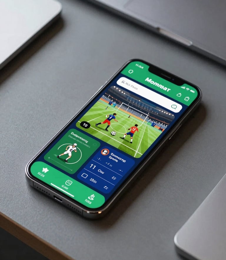 A high-angle professional photograph of a modern smartphone on a sleek desk in a Mumbai office, displaying a vibrant and clear fantasy sports app interface. The lighting is bright and dynamic, using soft green and deep blue tones from the brand palette.