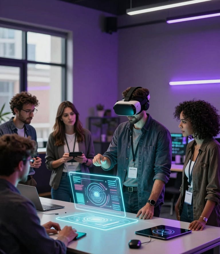 A wide photography shot of a collaborative tech workspace in a North American city. Professionals are standing around a modern table, one wearing a sleek VR headset while others observe interactive holographic-style elements on a tablet. The lighting is sophisticated with deep purple and light cyan accents.