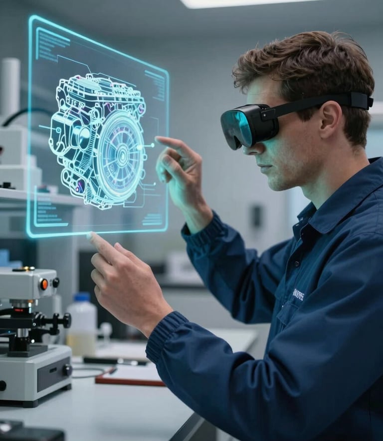 A high-tech laboratory setting in North American / International, where a professional uses AR glasses to interact with a floating 3D hologram of a complex engine, illuminated by very light cyan and blue light.