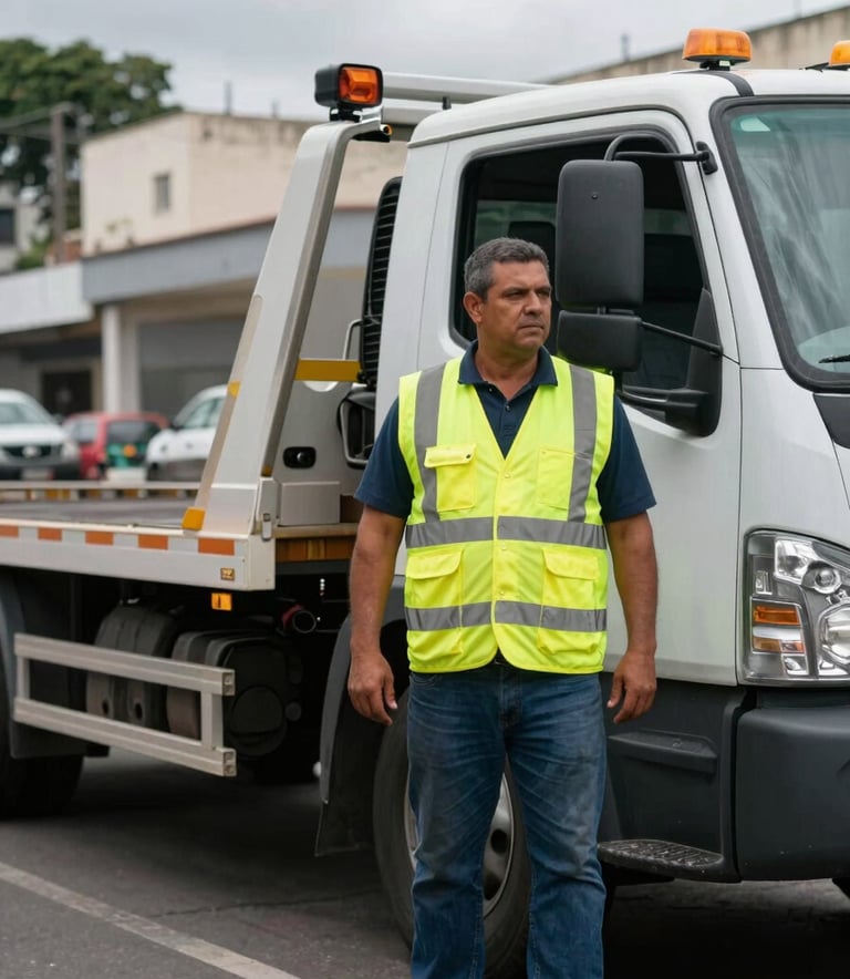 Medium shot of a professional tow truck operator in a high-visibility yellow vest standing beside a modern vehicle, South American / Brazilian urban street, overcast sky, emphasizing reliability and safety.