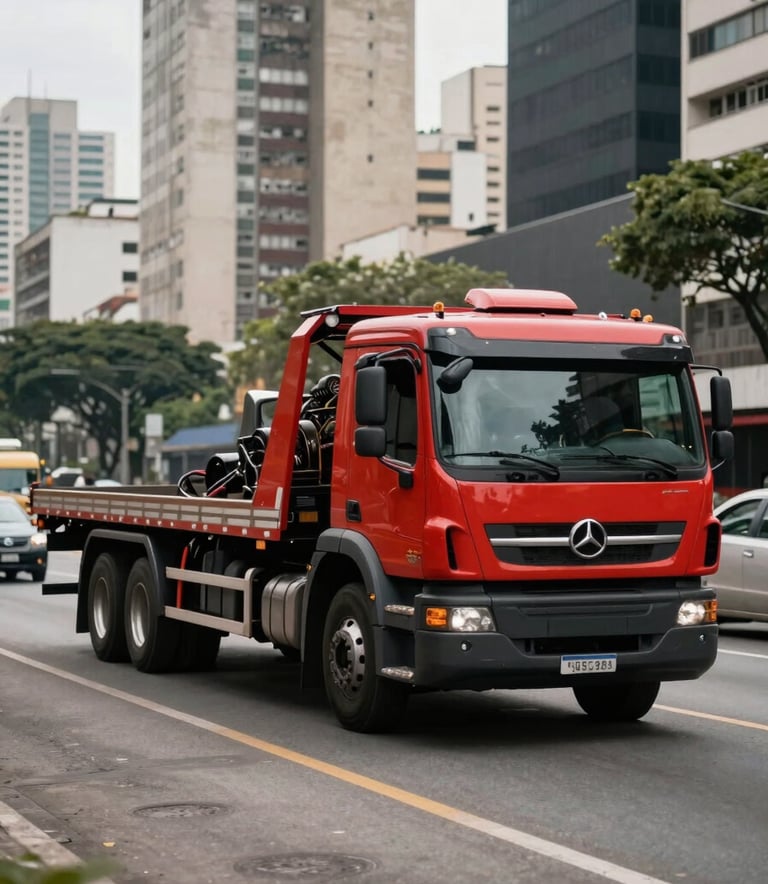 A powerful red and black flatbed tow truck operating on a busy urban highway in São Paulo, professional lighting, cinematic composition, South American / Brazilian cityscape in the background, daytime.