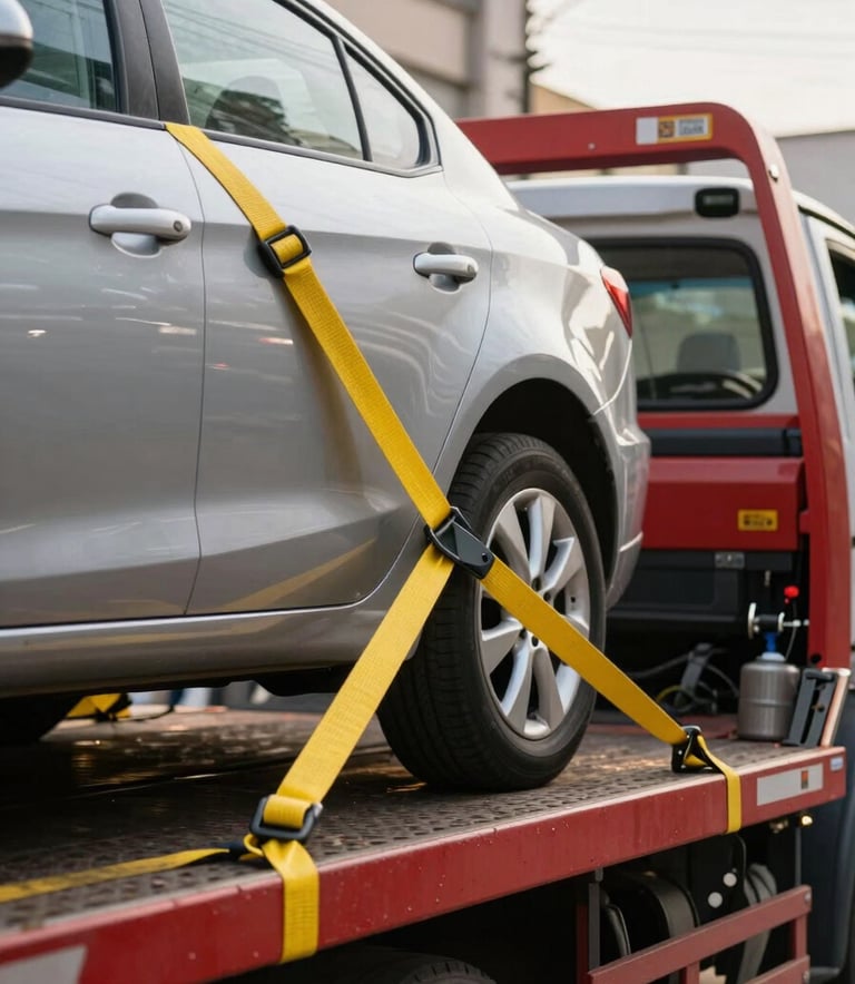 Close-up action shot of a silver car being safely secured with yellow heavy-duty straps onto a red flatbed tow truck. Professional and secure handling, South American / Brazilian urban street context, sharp focus, morning light.