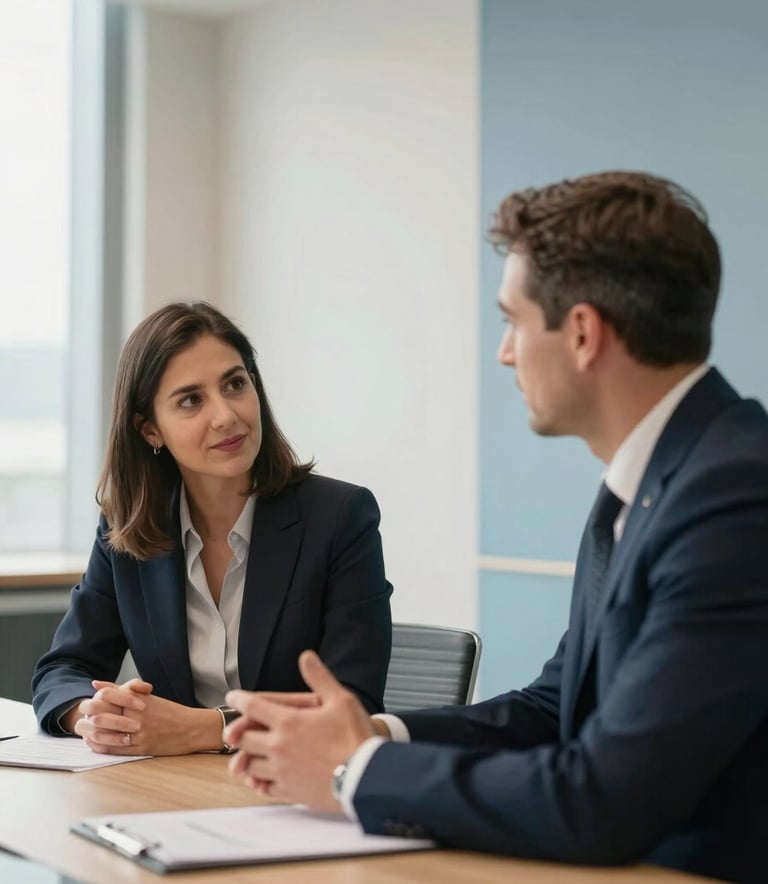 A high-end North American conference room where two professionals are engaged in a serious yet positive discussion. The setting is bright with natural light, featuring soft blue and off-white accents in the modern interior design.