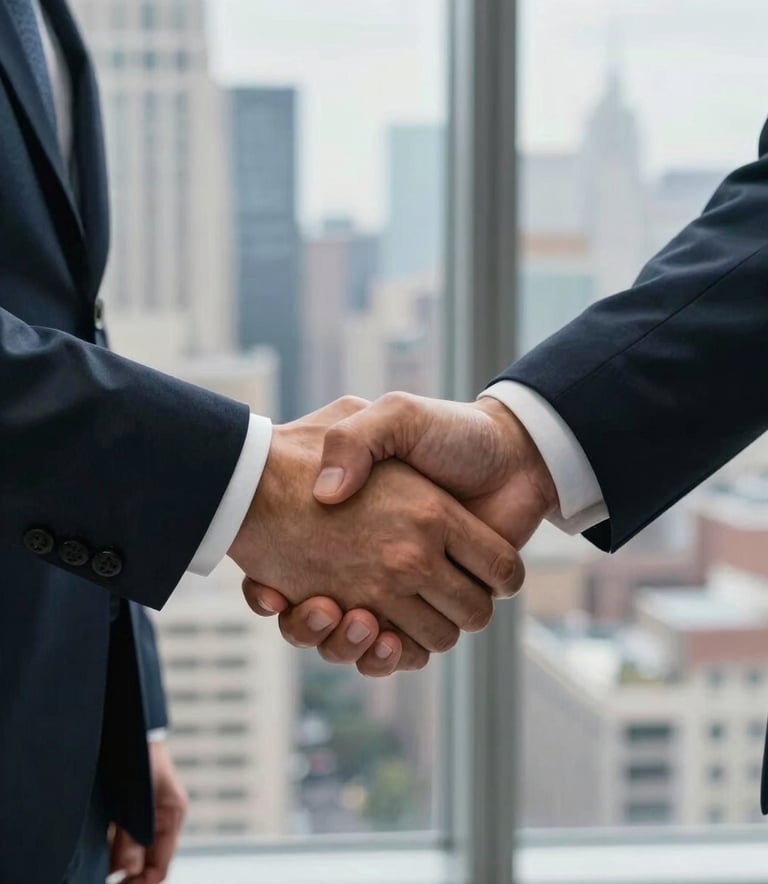 A close-up of two business professionals in North American business attire shaking hands firmly in front of a window overlooking a cityscape, symbolizing a successful partnership and trust.