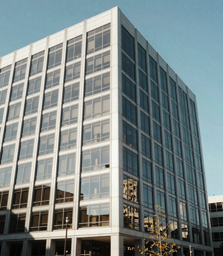 A sophisticated North American office building exterior in Spokane, Washington. The architecture features clean glass lines and steel, reflecting a bright, clear sky. The atmosphere is professional and established, shot in natural daylight.