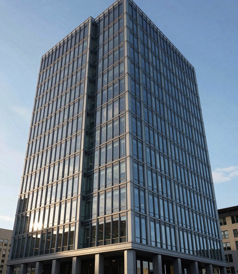 An architectural shot of a modern professional building in Washington state, featuring clean glass lines and a steel structure under a clear North American sky, emphasizing stability and growth.