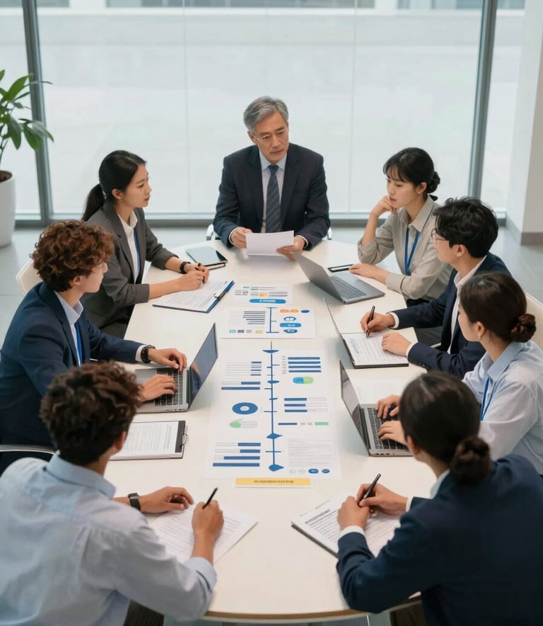 A high-angle shot of a group of diverse professionals collaborating around a large table in a bright, modern glass-walled conference room. They are discussing marketing strategy and educational pathways. The scene is set in an international / English-speaking market with soft off-white and medium blue tones.