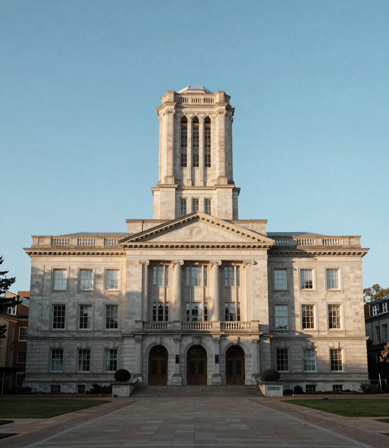 A wide-angle professional photograph of a prestigious university campus building with classic architecture under a clear blue sky, emphasizing academic excellence in an International / English-speaking market setting, soft morning light.