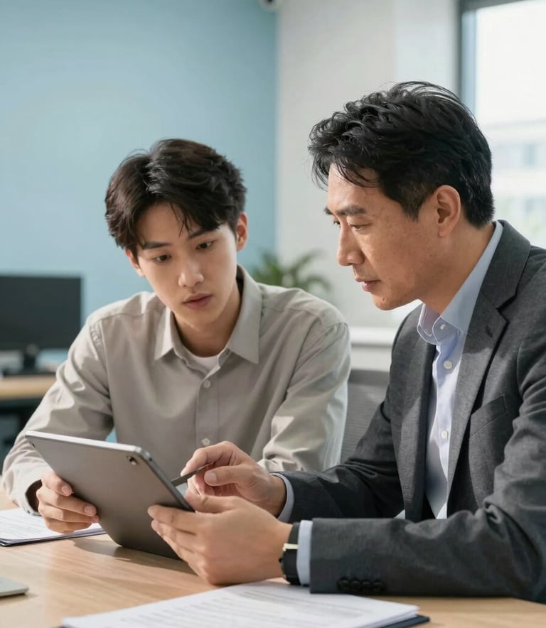A professional consultation in a sunlit, modern office. A mentor and a young adult are reviewing academic documents on a tablet, looking insightful and engaged. The background features light blue and off-white accents, reflecting a clean and authoritative atmosphere in an international / English-speaking market setting.