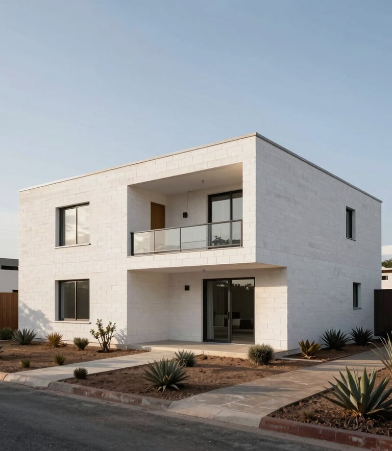 A wide photography shot of a modern, minimalist residential building in Western Mexico built with clean white AAC blocks, surrounded by drought-resistant landscaping under a bright sky, professional architecture style.