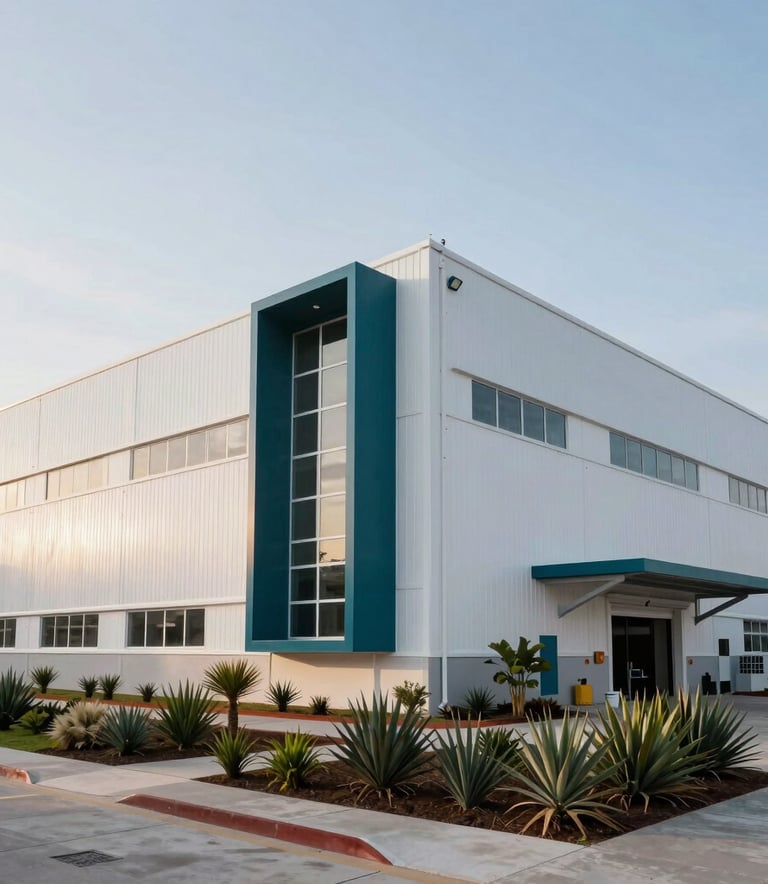 Exterior of a modern industrial plant in Mexico with sustainable design, clean white surfaces, professional landscaping with native plants, soft blue sky, architectural style, deep teal accents.