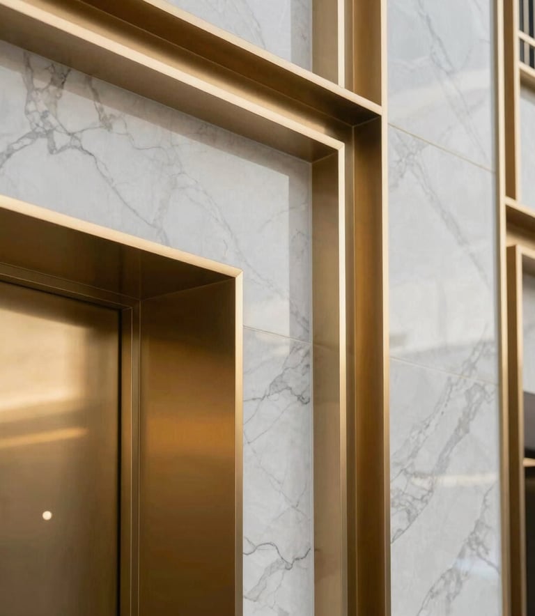 A professional close-up of high-quality architectural finishes, featuring metallic gold accents and premium marble, showcasing the elite standards of a Middle Eastern / Gulf construction project. Modern corporate lighting.