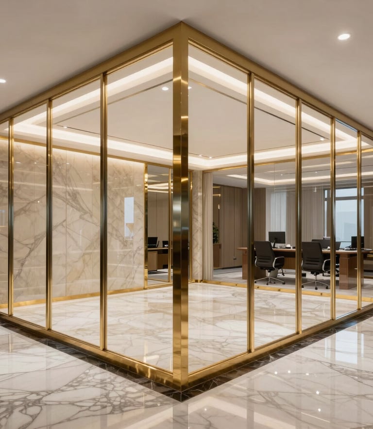 Elegant interior of a luxury office fit-out with glass partitions, marble floors, and metallic gold accents, Middle Eastern / Gulf corporate style.