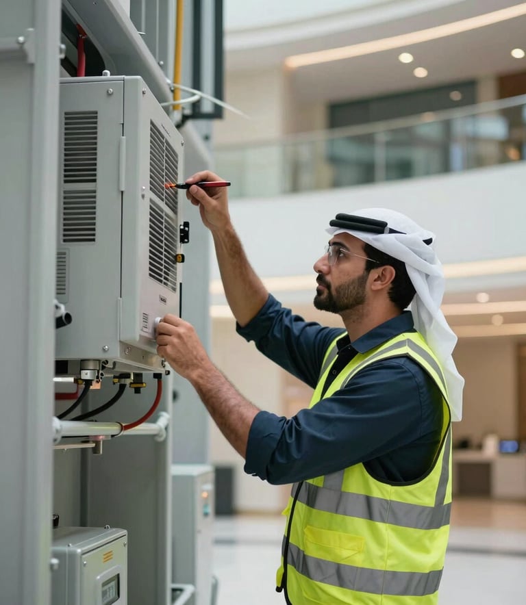 Professional worker in high-visibility gear inspecting building maintenance systems in a modern UAE commercial lobby, corporate lighting, Middle Eastern / Gulf context.