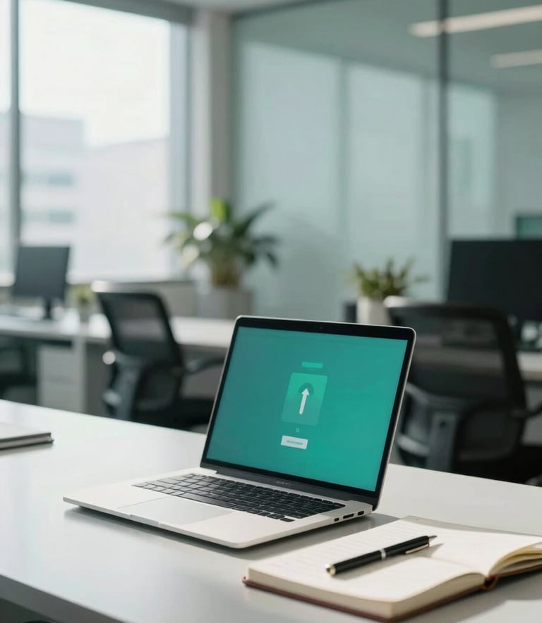Modern photography of a bright office workspace in Brazil, professional setting with soft sunlight, clean desk with laptop and notebook, symbolizing clarity and career growth, palette of teal and light grey.