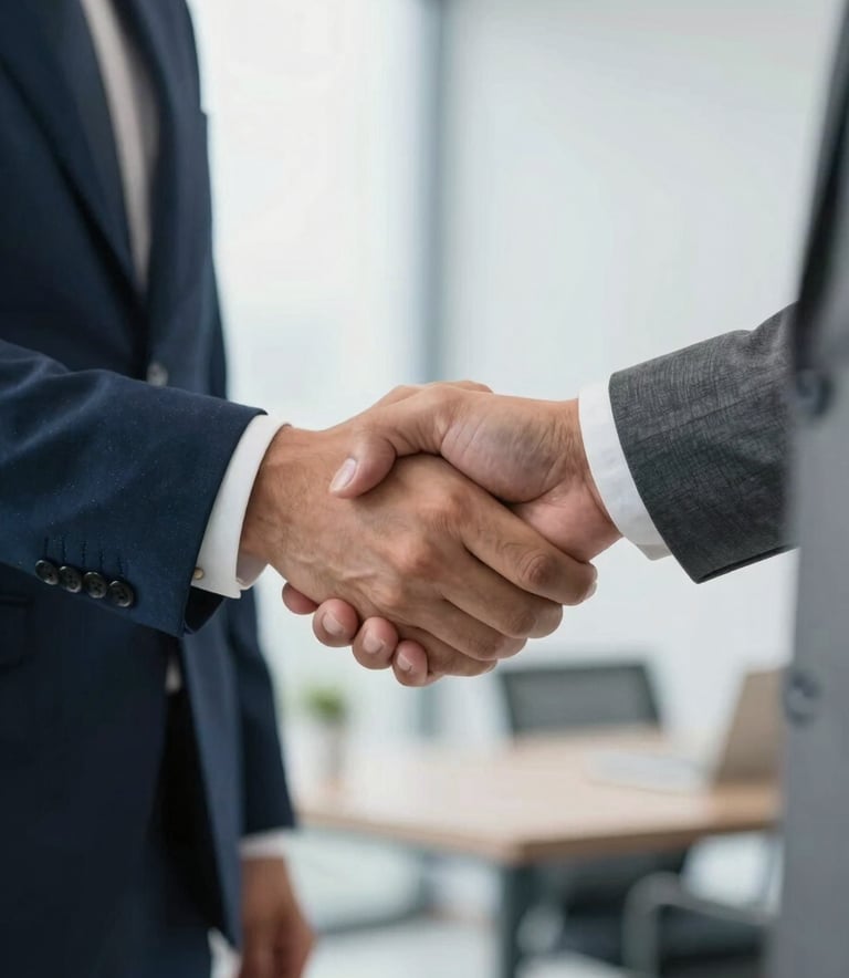 Close-up of a professional handshake between two people in modern South American business attire, bright and airy office setting, empathetic and supportive atmosphere, palette of navy blue and soft grey.