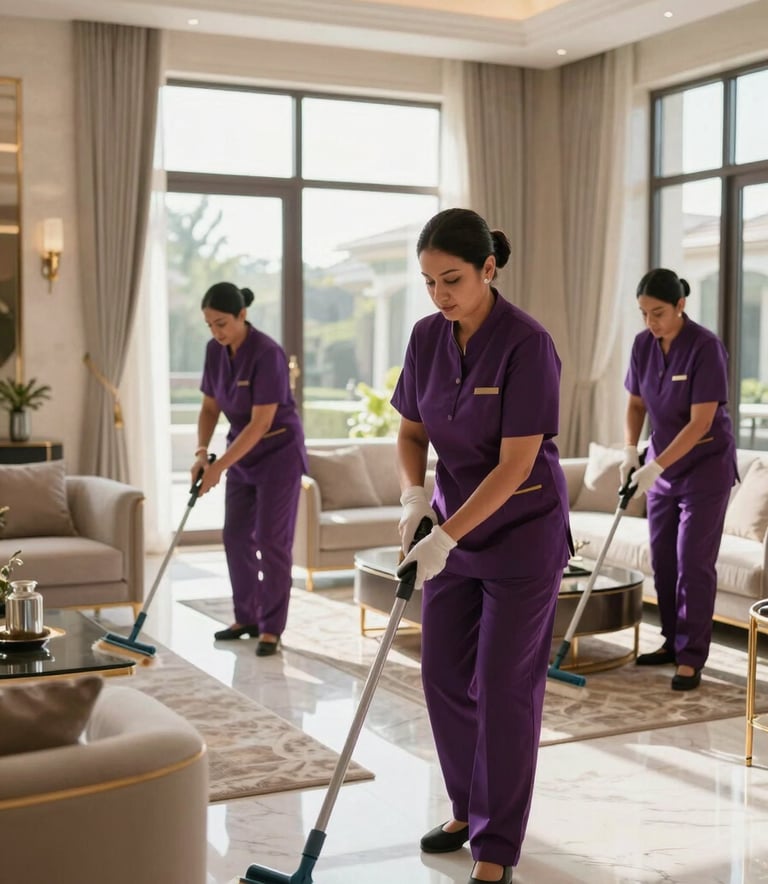 Professional cleaning crew in elegant purple uniforms working in a luxury Middle Eastern / Gulf villa living room. Large bright windows, marble floors, sophisticated modern furniture, soft morning lighting, professional photography style.