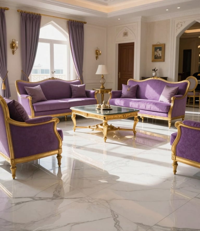 A sun-drenched, luxurious Middle Eastern living room in Al Ain with white marble floors, soft purple cushions, and gold-trimmed furniture, everything looking immaculate and professionally cleaned, wide angle photography.