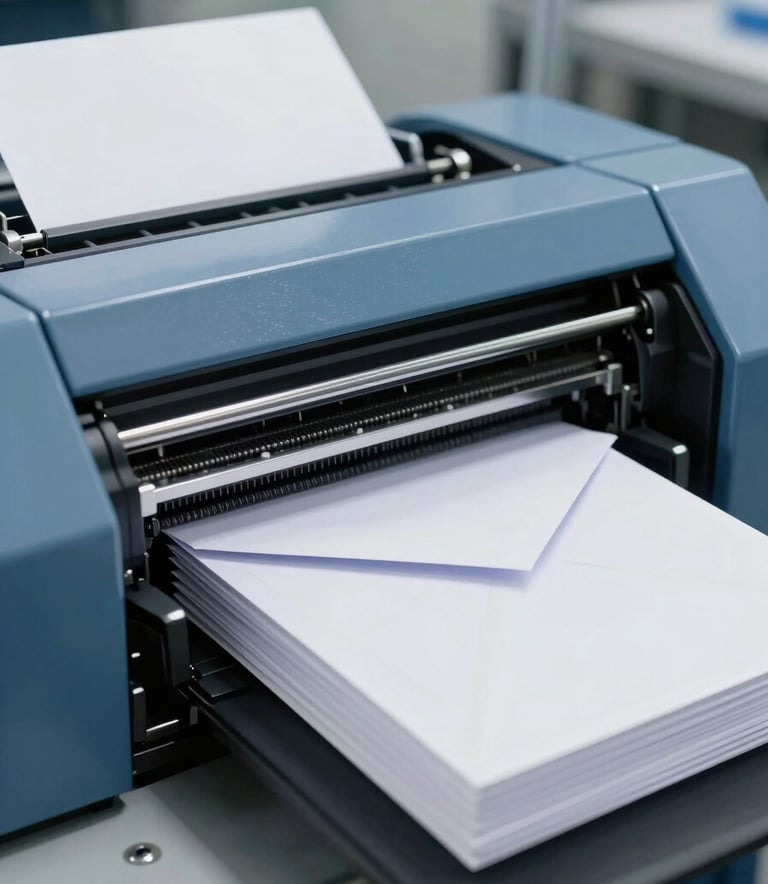 A close-up photograph of a high-speed envelope printer in a clean, modern North American production facility. The machinery is sleek, with subtle medium blue and dark blue accents, processing a stack of professional white envelopes under bright, even lighting.