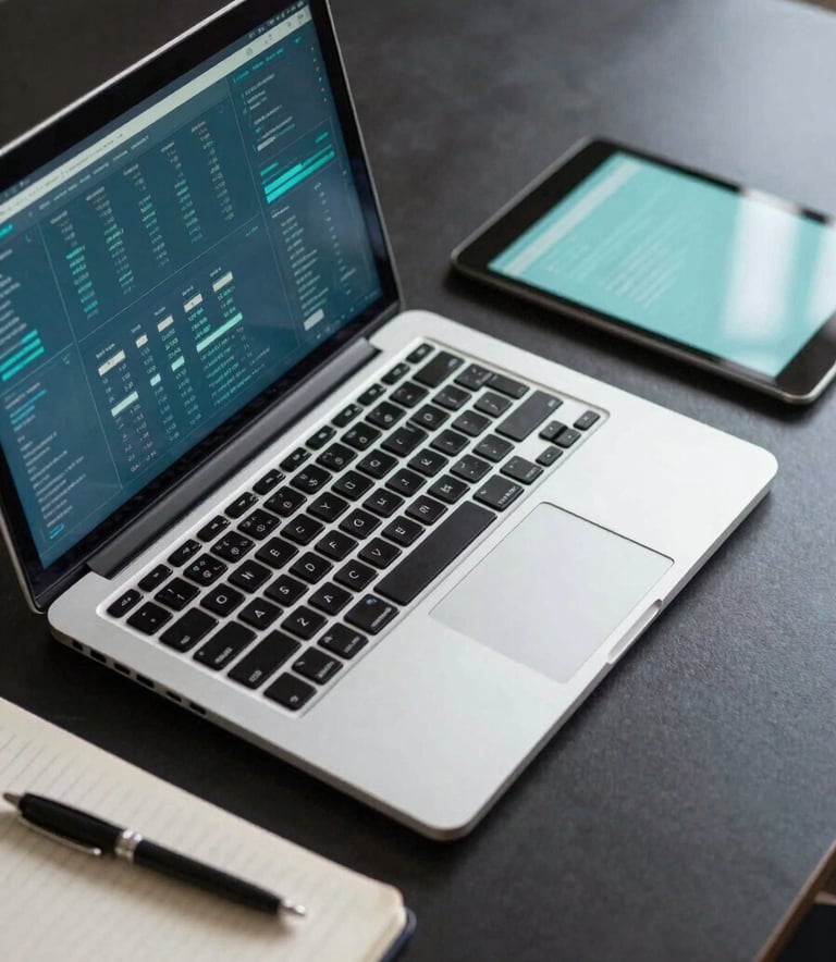 A high-angle professional photograph of a desk with a sleek laptop and a tablet displaying a complex data dashboard. The lighting is dominated by Alice blue and soft teal tones from the screens. A clean, professional notebook and pen sit nearby on the dark surface. Professional and focused composition.