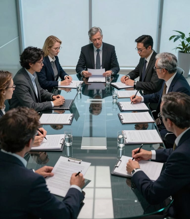A high-angle professional photograph of a corporate boardroom with a glass table, where consultants are reviewing security protocols. The room is filled with soft Alice Blue and Steel Blue lighting, reflecting a modern and secure environment.