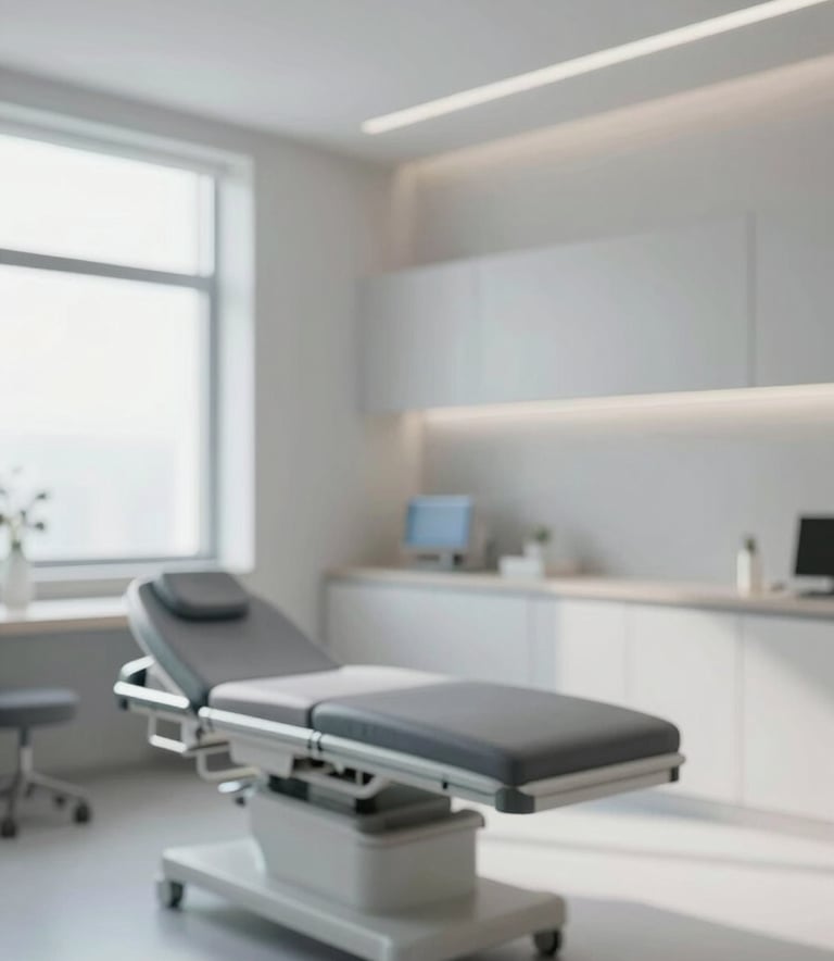 A serene and modern recovery room for plastic surgery patients. The room is filled with soft natural light, featuring clean lines and minimalist furniture in #F8F9FA and #B3C1C7 tones. Atmosphere of calm professionalism and high-end care.